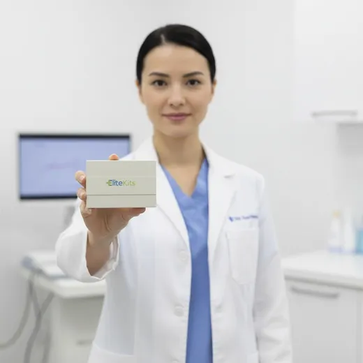 Profissional de saúde segurando um Elite Kit no consultório